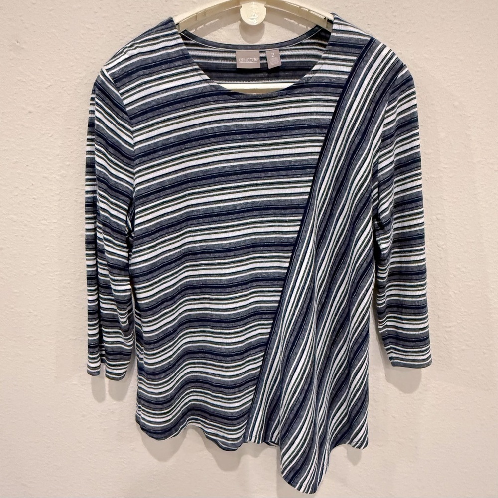 Chico’s Striped Asymmetrical Top Navy & White 3/4 Sleeves Size 12 (Chico’s 2)